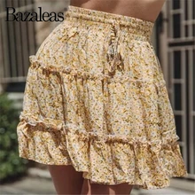 Bazaleas желтые женские юбки с цветочным принтом сексуальные плиссированные женские Юбки Узкие с эластичным поясом Повседневная мини-юбка Прямая