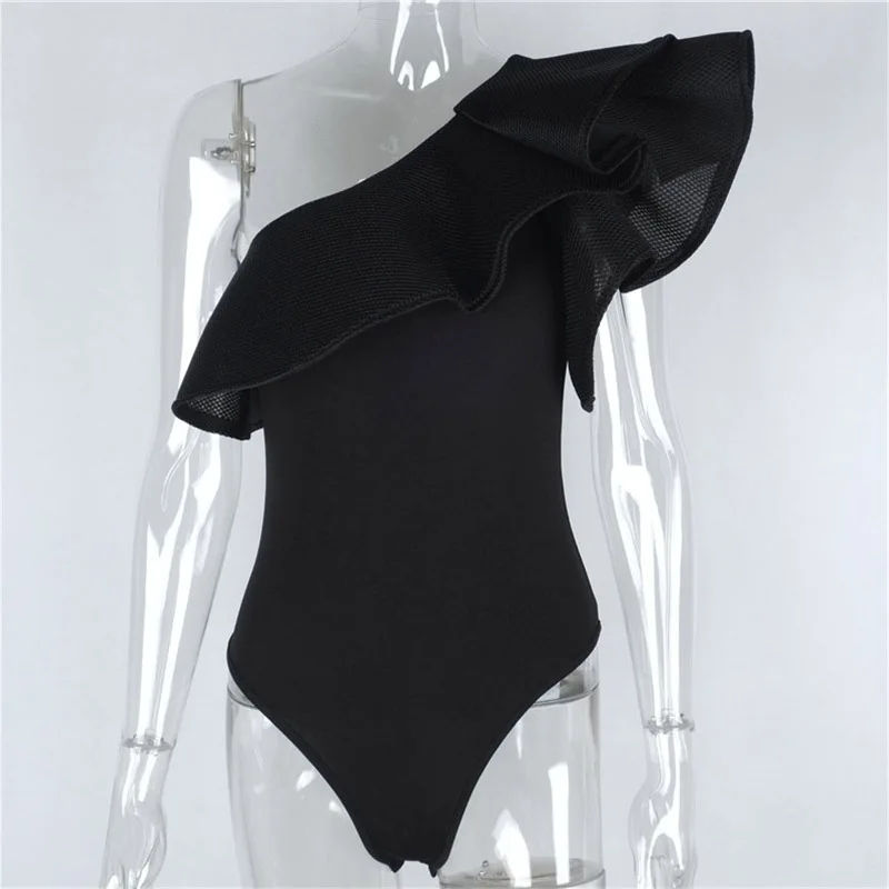Классический купальник с открытыми плечами и оборками, сексуальный однотонный, черный, белый, на одно плечо, Цельный купальник для женщин, 3D большой волан, пляжная одежда