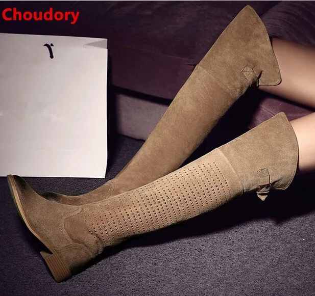 Khaki/black suede square heels over the knee boots for woman round toe rivets studded slip-on fall winter long boots woman