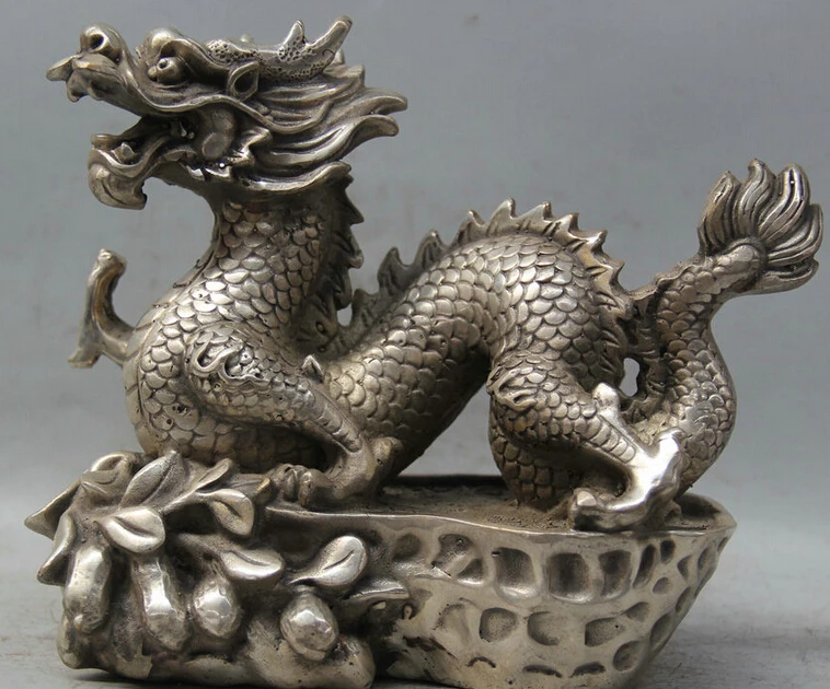 

8" Chinese Folk Feng Shui Silver Zodiac Year Dragon Success Statue Sculpture R0710