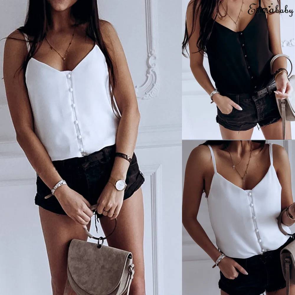 

Fashion Women Strappy Vest Sleeveless Loose Solid Camisole V-Neck Top T-Shirt