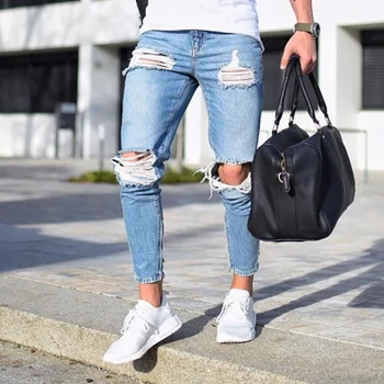 

Fashion Streetwear Mens Jeans Stretch Destroyed Ripped Design Fashion Pencil Pants Ankle Zipper Skinny Jeans For Men