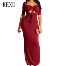 KEXU Women Autumn O Neck Half Sleeve Maxi Dress Fashion Black White Party Hollow Out Bodycon Bandage Casual Floor-length Dresss white half sleeve maxi dress