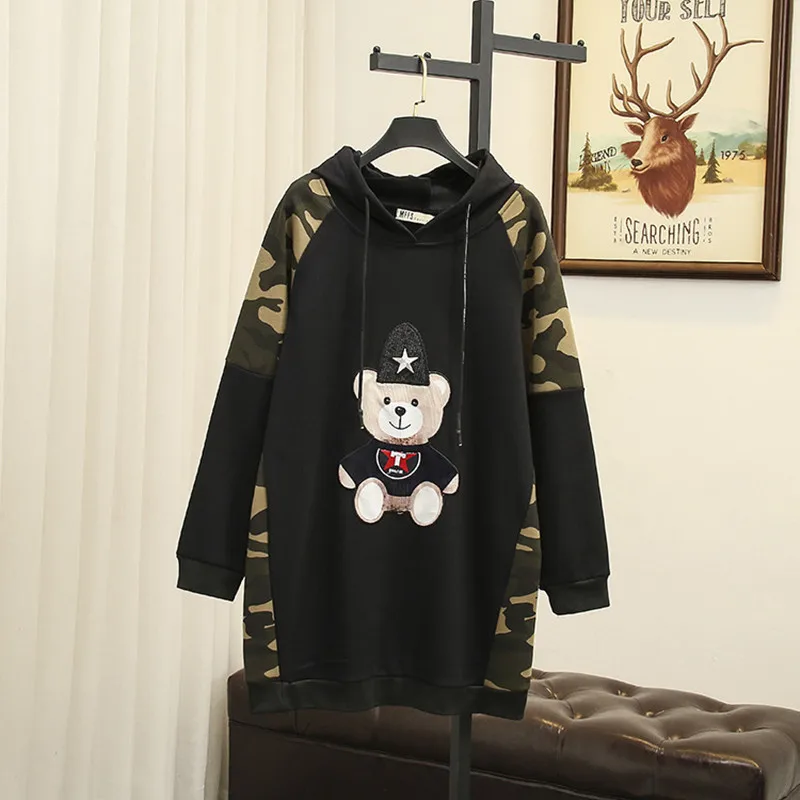 

2019 Autumn And Winter Camouflage Hoodies Big Size Loose Drop Shoulder Long Printed Women Sweatshirts Padded Moletom Feminin 6XL