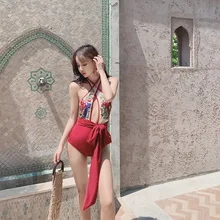 Купальник слитный купальник женский одежда для плавания женский пляжный купальник женский Ретро Вышивка Соблазнительные с сеточкой ремень