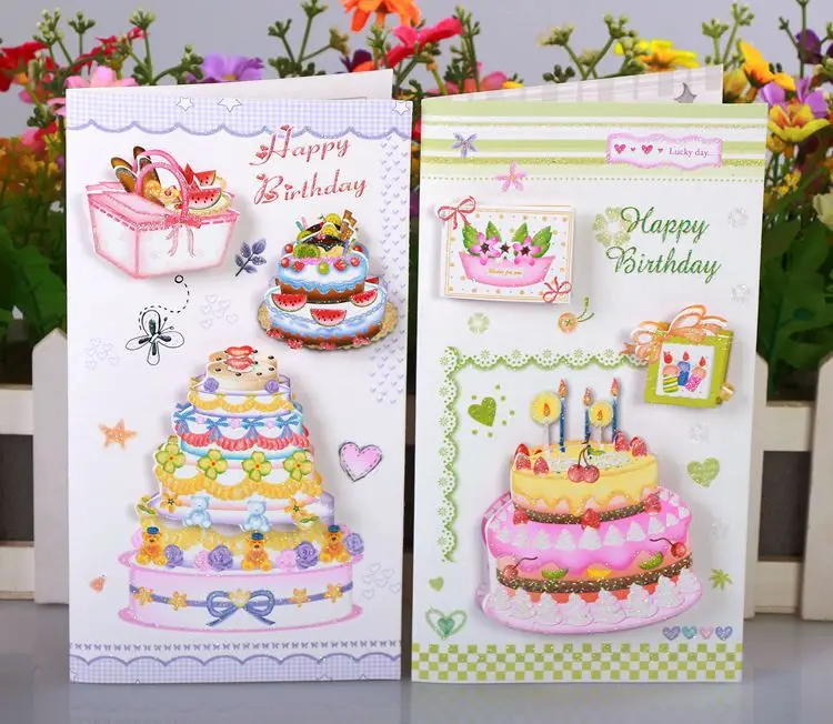 Бесплатная доставка! 1 лот = 24 шт! Новая модель торт на день рождения открытка/открытка на день рождения/Поздравительные открытки для