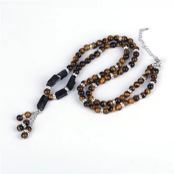 

Natural Healing Rough Tourmaline Stone Beads Charm Black Hematite Beads Tiger Eye Chain Rhinestone Connector Women Necklace