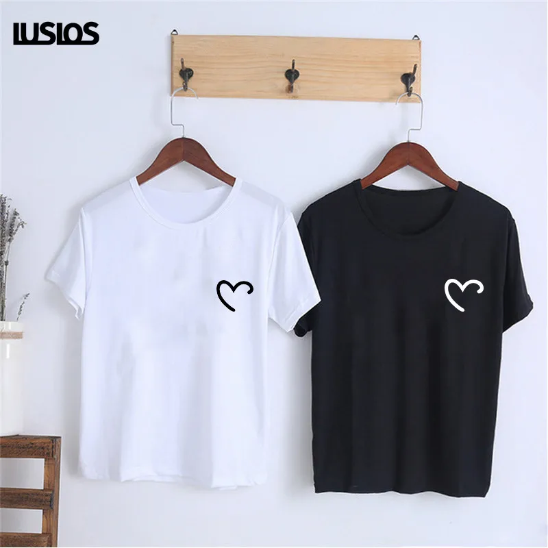 

LUSLOS Heart Print Women White Black T Shirt Summer Short Sleeve O-neck Plus Size Tshirt Female Cute Harajuku Fashion Tee Tops