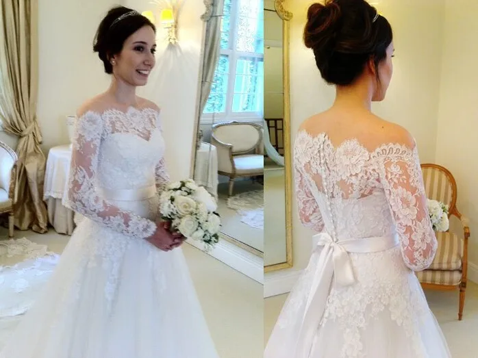 

Vintage A Line Off the Shoulder Long Sleeve Lace Wedding Dresses Bridal Gowns vestido de novia