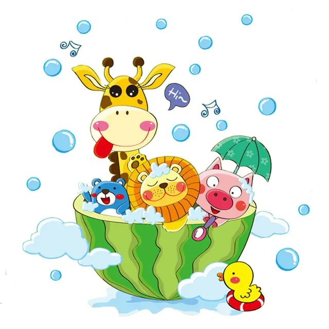 Cute Animals in the Bath Shower Wall Stickers Bathroom Bubbles Stickers for Kids Room Baby Room Home Decoration Art Decals Decor