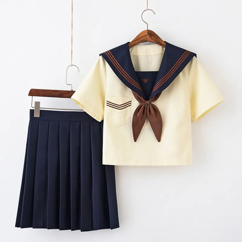 

Crown Embroideried 2019 Autumn Japanese School Uniforms For Girls Cute Sailor Tops Pleated Skirt Full Sets Cosplay JK Costume
