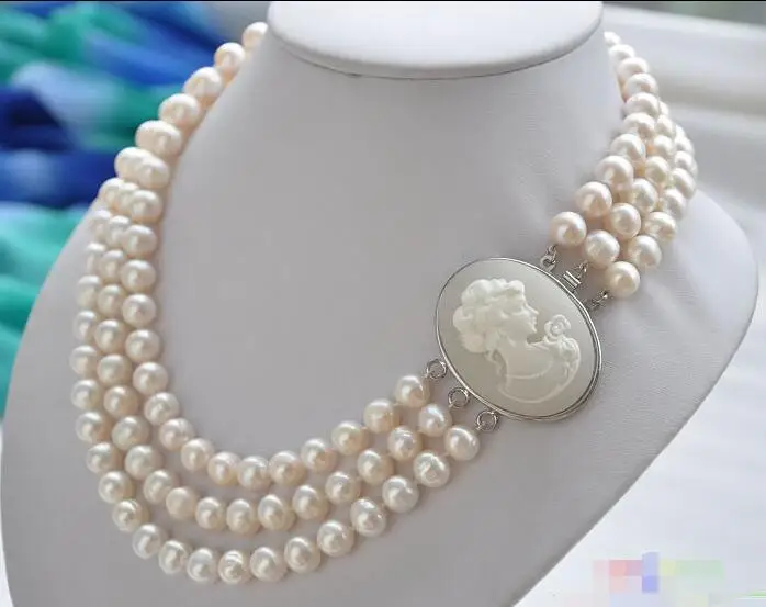 

FREE SHIPPING HOT sell new Style >>>>3row 19" 10mm WHITE ROUND FRESHWATER PEARL NECKLACE
