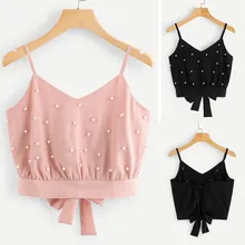 Модная женская жилетка, шифоновая майка, топы без рукавов, однотонная жемчужная майка, короткая майка с бисером