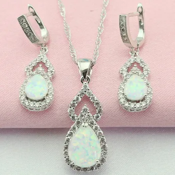 

Classic White Create Australia Opal White Stone Silver Color Jewelry Sets Drop Earrings Pendant Necklace For Women Free Gift Box