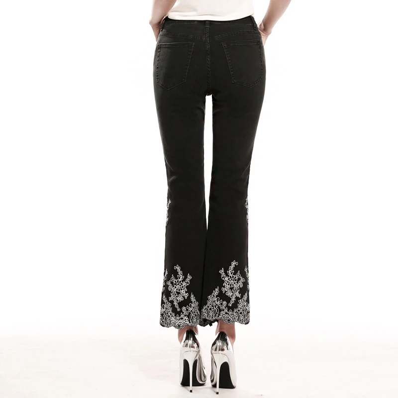 FERZIGE, женские джинсы, высокая талия, эластичные, черные, с вышивкой, расклешенные, джинсовые штаны, джинсы для мам, женские брюки, vaqueros mujer, размер 36