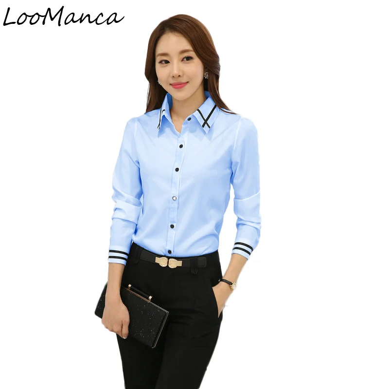 

Fashion Shirt Women Clothes 2019 New Full Sleeve White Blue Blouse Tops OL Office Ladies Work Wear Plus Size Blusas Femininas