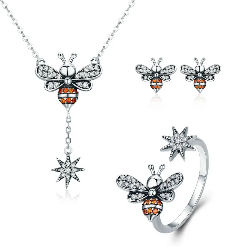 BISAER, 925 пробы, серебряные ювелирные наборы, пчела, кристалл, пчела, Винтажное кольцо с изображением насекомых, серьги, ожерелья для моды, Дубай, ювелирный набор - Окраска металла: All Set