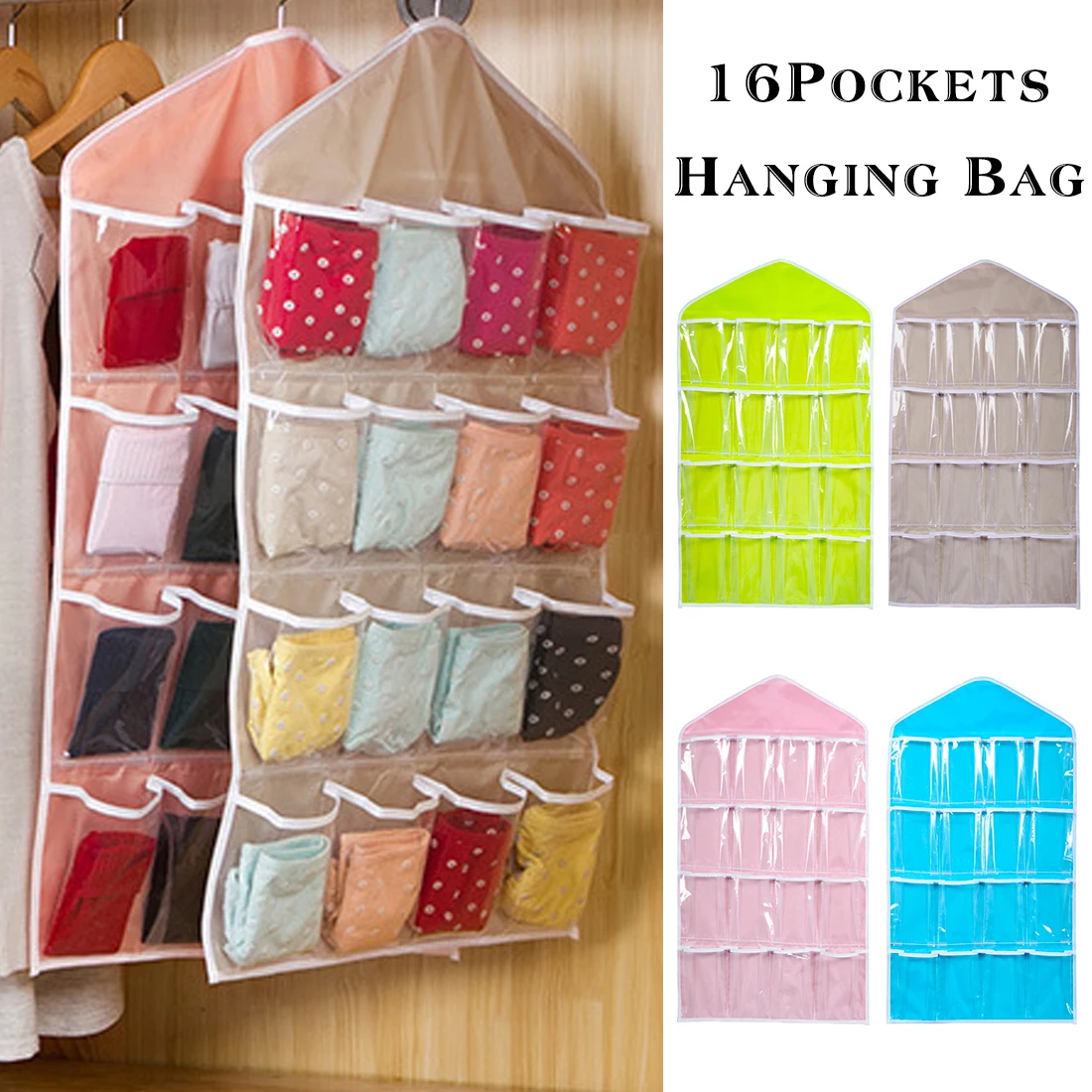 Clear Hanging Bag 16 Pockets Socks Bra Underwear Storage Bag Rack