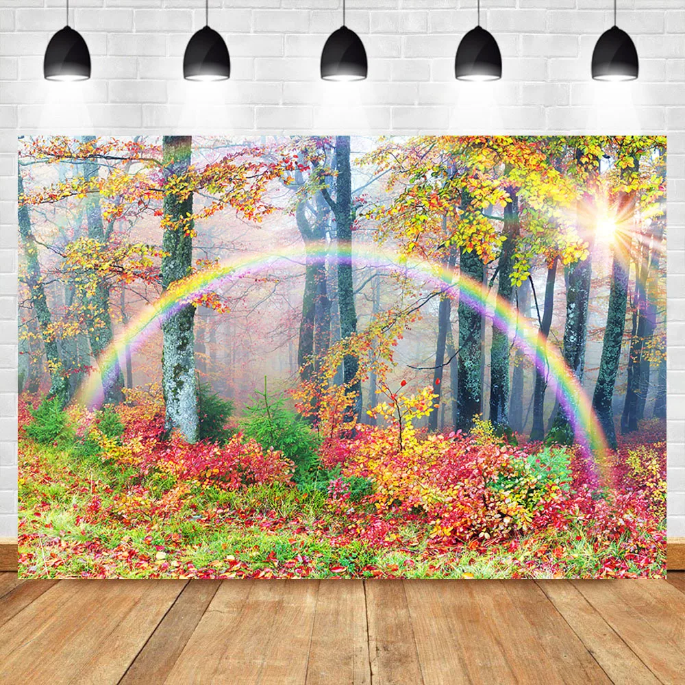 

Autumn Photography Backdrop Yellow Leaves Forest Tree Backdrops Rainbow Fall Scenery Backdrop Children Kids Photo Background