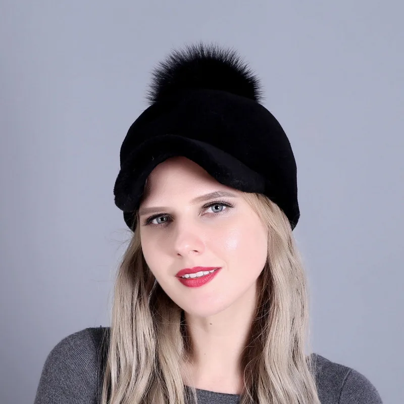 

Autumn Winter Solid Color Sheep Clipped Feather Caps Real Fox Fur Ball Baseball Caps Keep Warm Hats For Women Visors