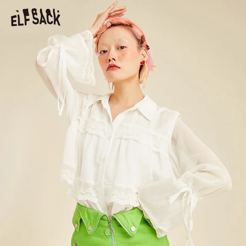 

ELF SACK White Chiffon Lace Patchwork Women Shirts Fashion Flare Sleeve Casual Female Blouses 2019 Summer Office Lady Tops