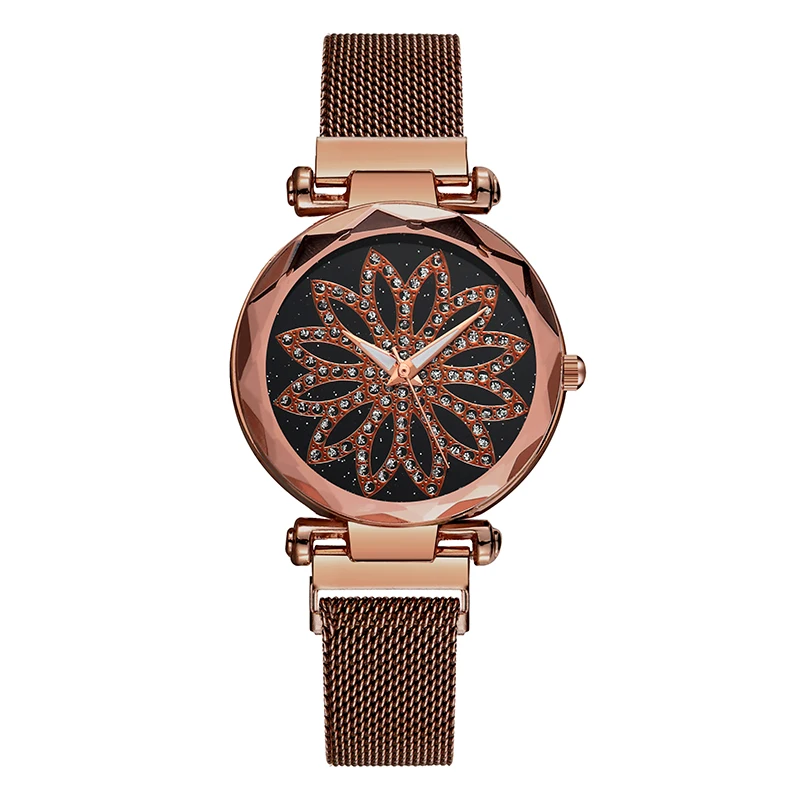 Горячие Роскошные розовое золото женские сетчатые магнитные часы с пряжкой модные цветы элегантные женские наручные часы женские магнитные часы