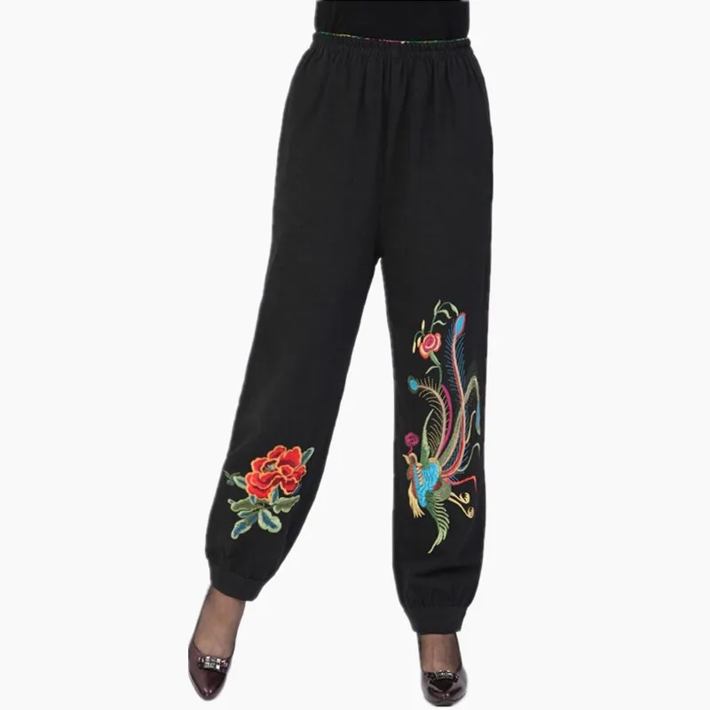 

2017 Fashion Spring Summer Women Pants Embroidered Cotton Elastic Waist Bloomers Wide Leg Pants Long Plus Size Pants Women