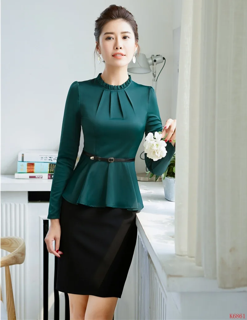 Ladies Green Blouses Women Business Suits with 2 Piece Skirt and Tops