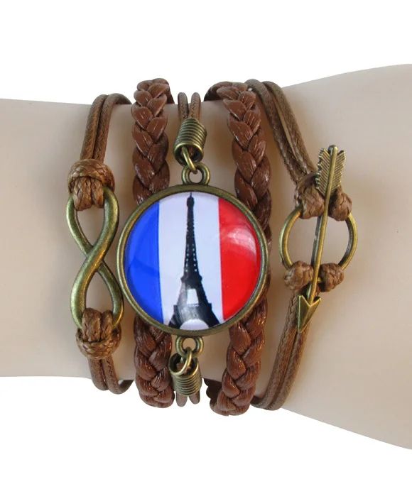 vintgae Eiffel Tower bracelet infinity charm bracelets bangles France flag wrap cuff leather