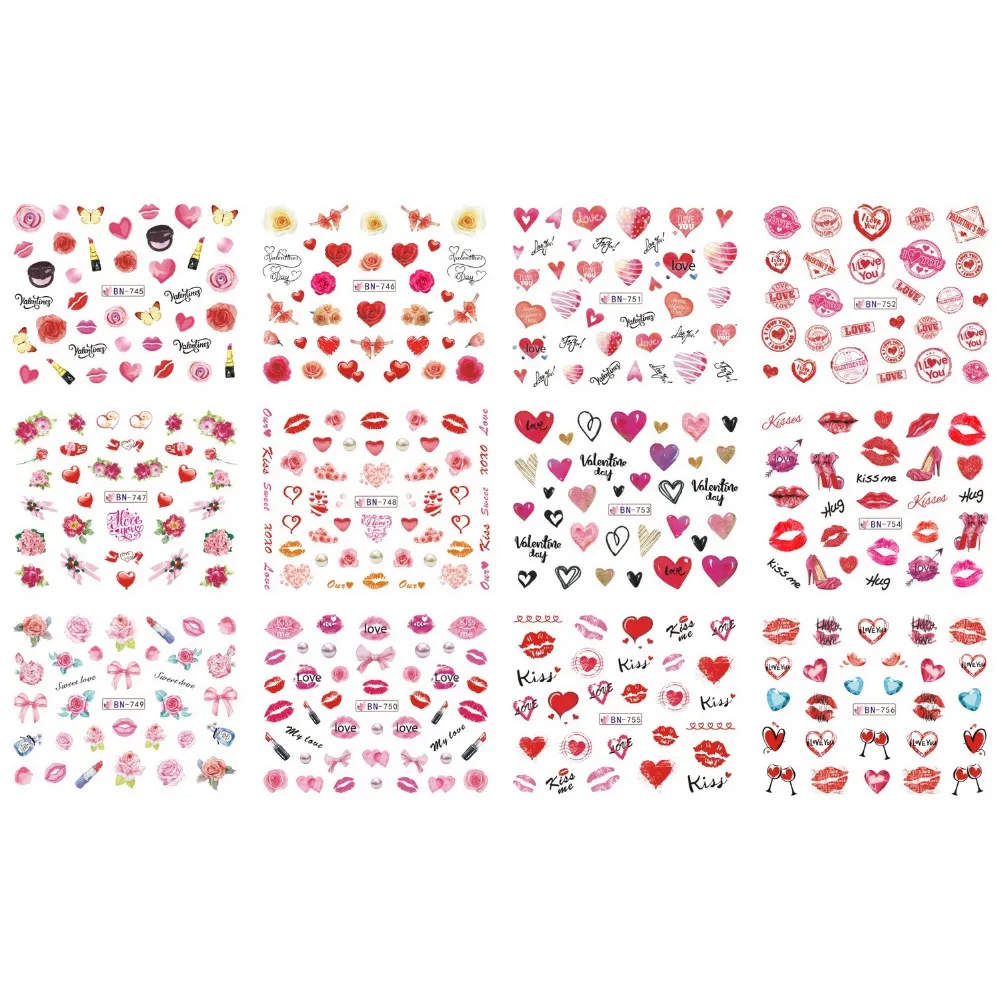 

UPRETTEGO 12 PACK/ LOT WATER DECAL NAIL ART NAIL STICKER VALENTINE WEDDING KISS HEART LIP FLOWER ROSE DIAMOND BN745-756