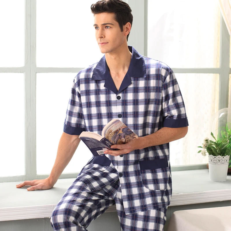 Pajamas Men Summer short sleeves Cotton Sleepwear Trousers Pyjamas Clothing Mens Lounge Set Plus