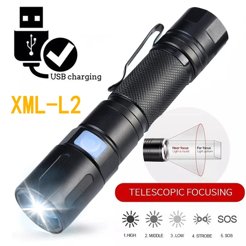 

Portable Flashlight LED Torch Zoomable Flashlight XML-L2 LED 5 Modes COB Bicycle Light For 18650 Battery #4MY29