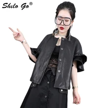 Кожаная куртка Женская Весенняя мода Овчина натуральная кожа пальто с круглым вырезом половинные оборки рукав однобортный Повседневный