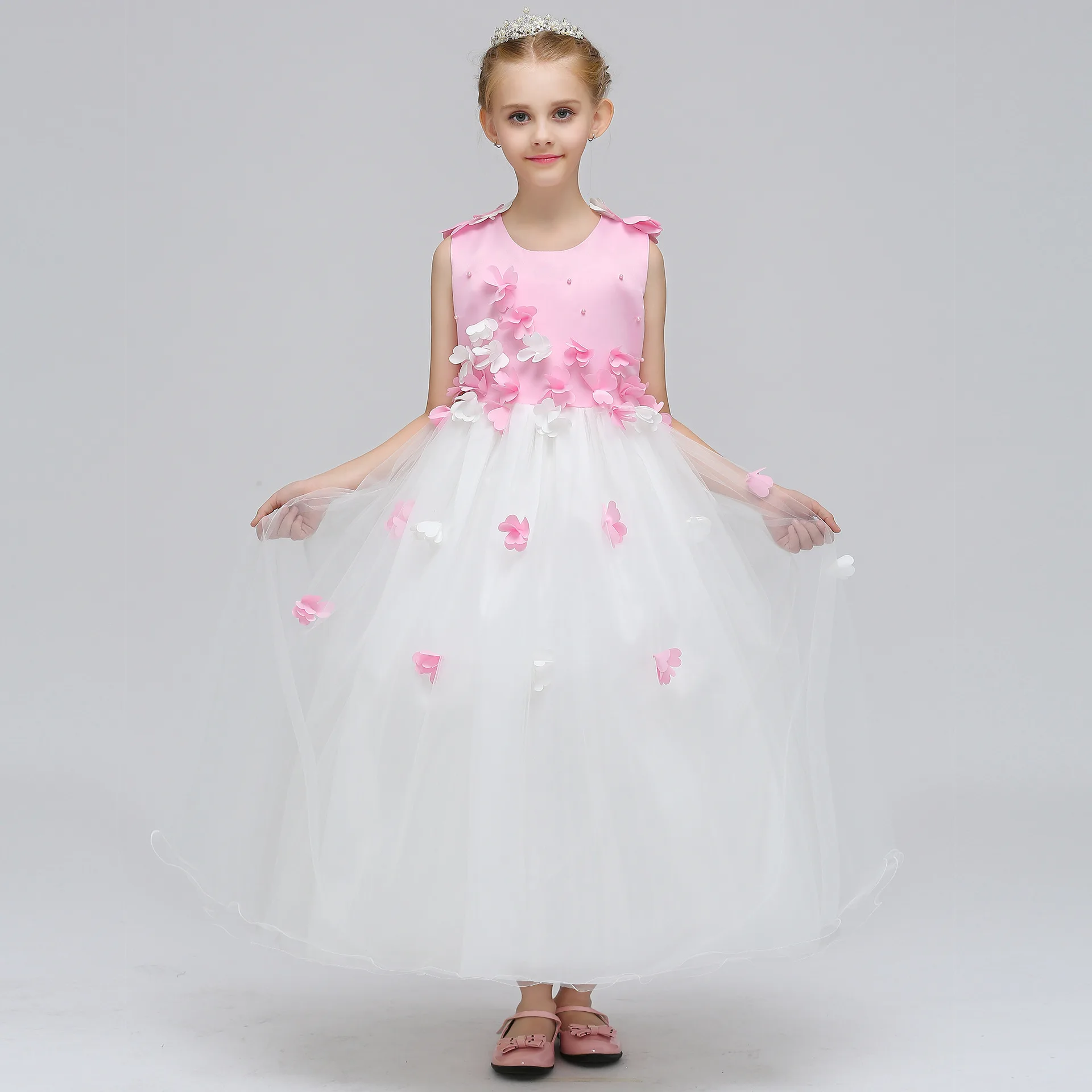 Flower Girls Dress Kids Satin Bodice Tulle Long Maxi Party Dress with 3D Flower Formal Girls Dress