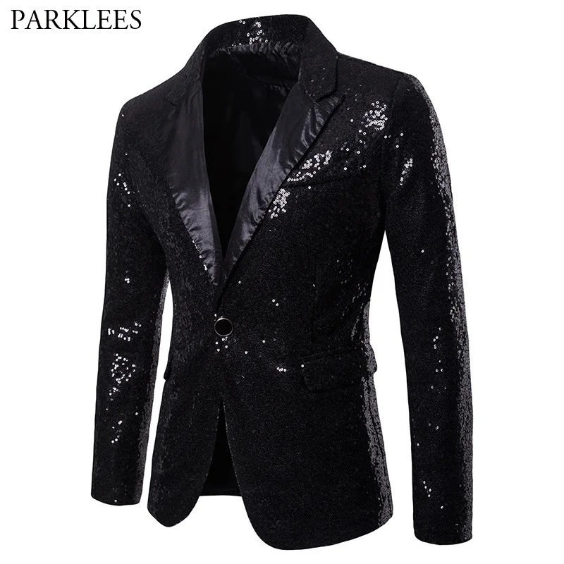 

Mens Fashion Black Sequin Blazer Jacket Men Nightclub Party Stage DJ Singer Costume Homme Slim Fit One Button Suit Jacket Male
