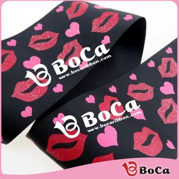 

3"75mm 100 yard black with glitter lips and heart grosgrain ribbon Free shipping ,welcome to custom and wholesale