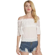 2017 Summer Hot Sale Women Slash Neck Half Flare Sleeve Solid Color Fashion Shirt Female Lace Spliced Sexy Cotton Blouse Shirts