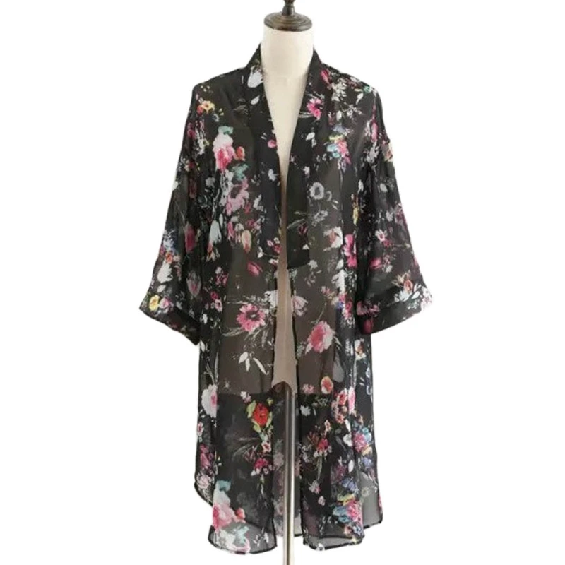 Boho Vintage Women Floral Loose Shawl Kimono Cardigan Chiffon Coat Cover Up Tops
