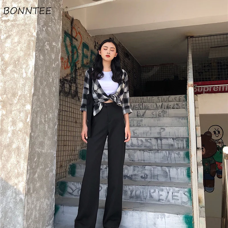 

Pants Women Long Trousers Single Button Zipper High Leisure Solid Color Womens Simple Retro Elegant Korean Style Loose Trendy