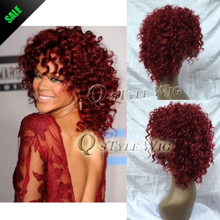 Rihanna Short Hairstyle Wigs Red Wine Color Pin Curl Perm Curly