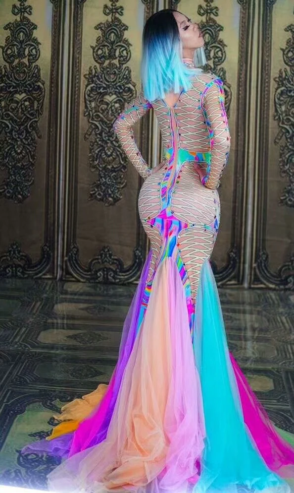 Сексуальное цветное Сетчатое платье с хвостом, сексуальная сценическая одежда, большое стрейчевое цельное длинное платье, певица, вечернее платье для выступлений, танцевальное платье, DS одежда