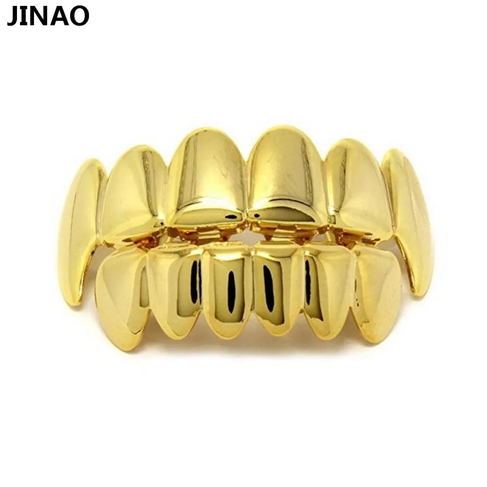 JINAO Настоящее блестящее чистое золото посеребренные хип-хоп ЗУБЫ Grillz Top& Bottom Groll набор с силиконовыми вампирскими зубами грили