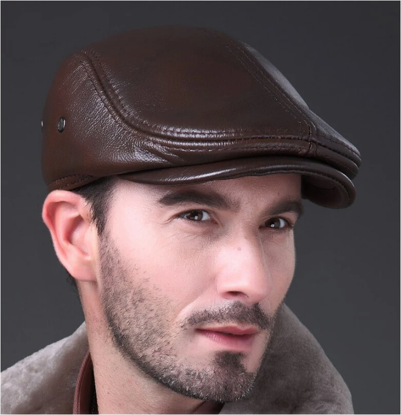 black beret for men HL042 Men's Real Genuine Cow Leather Baseball Hat Brand Newsboy Beret Winter Warm Caps With Ear Flap mens military beret