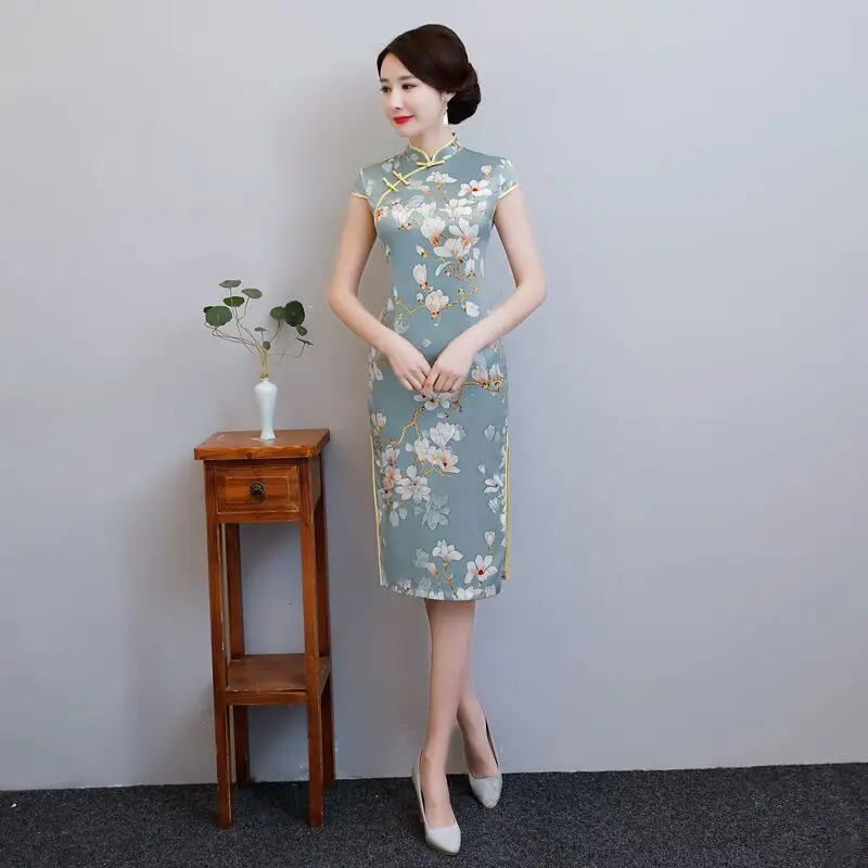 Новое поступление в китайском стиле Для женщин средней длины Cheongsam модные короткие Стиль Qipao летнее платье Vestidos Размеры M L XL XXL XXXL 72914