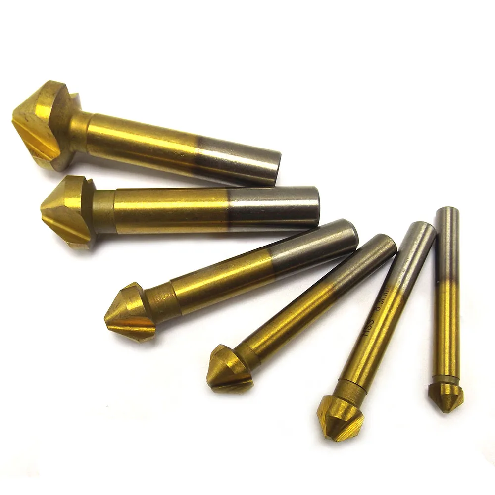 Brand 6pcs/Set 3 Flute HSS Hard Metals Titanium Three Edge Chamfer Chamfering End Mill Cutter Bit Countersink Set Drill Bit Brand 6pcs/Set 3 Flute HSS Hard Metals Titanium Three Edge Chamfer Chamfering End Mill Cutter Bit Countersink Set Drill Bit
