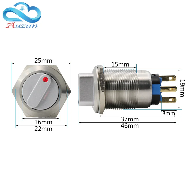 19 мм, самофиксирующиеся металлические кнопки с светильник переключение напряжения 220 В Ток 5A250VDC из водонепроницаемого материала; ржаво-красный, желтый, голубой, белый