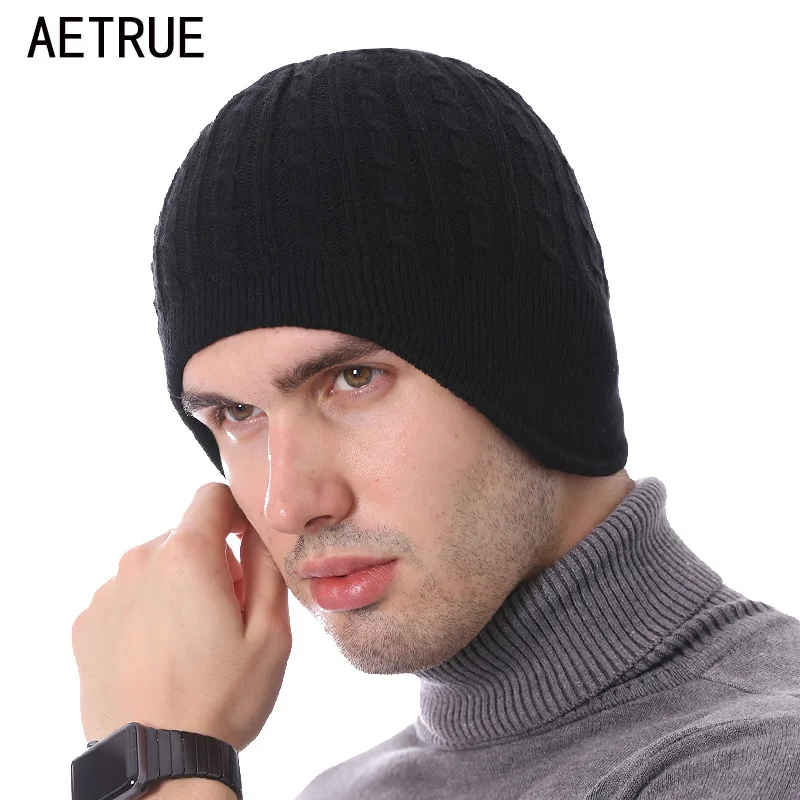 AETRUE зимняя Лыжная вязаная шапочка Мужские Зимние шапки для мужчин женские зимняя шапочки модные ушные накладки шотландская шапочка с защитой мягкая теплая шапка