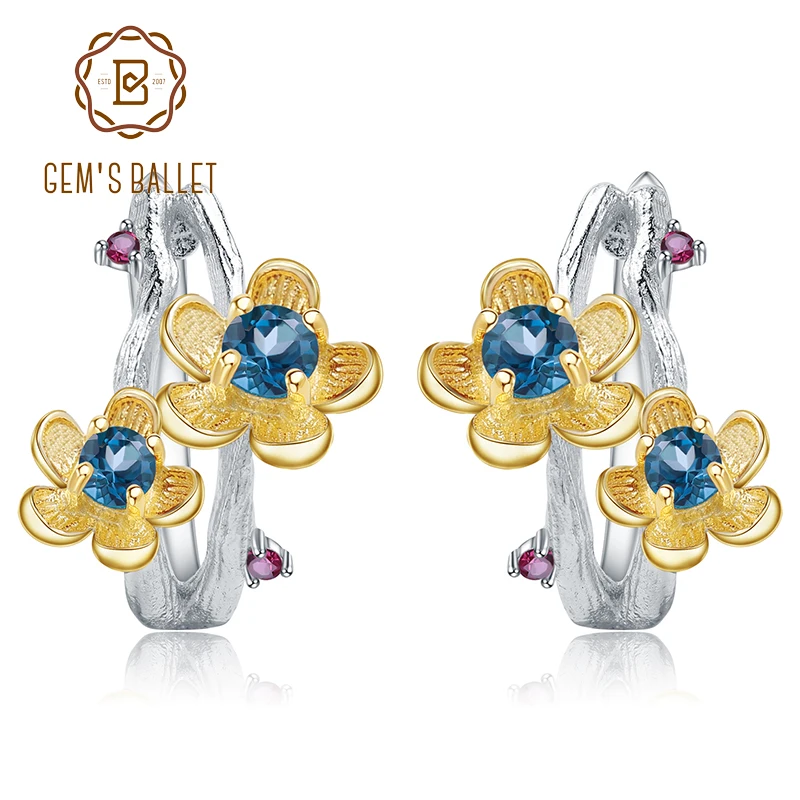 

GEM'S BALLET 925 Sterling Silver Handmade Earrings 2.10Ct Natural London Blue Topaz Beach Blossom Flower Stud Earrings for Women