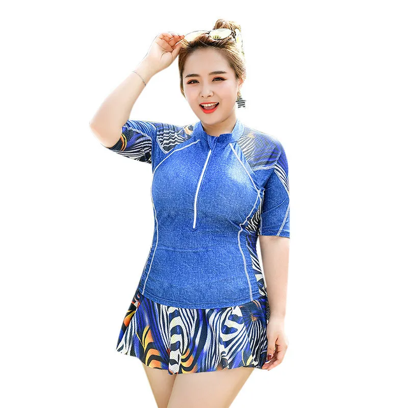 2018 Newest Modest Swimwear Denim Blue Short Sleeve Swimsuit Big Breast