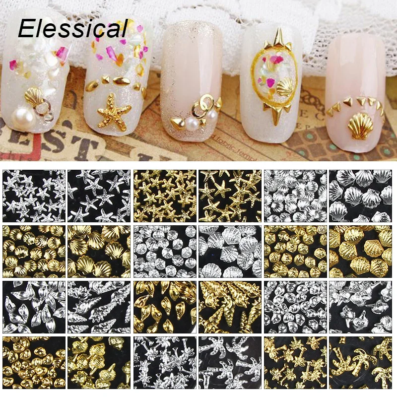 

ELESSICAL 100Pcs/lot Ocean Style Shell Starfish Conch Design Nail Charms Slice Nail Stickers Nails Art Decoration MA0792-MA0817